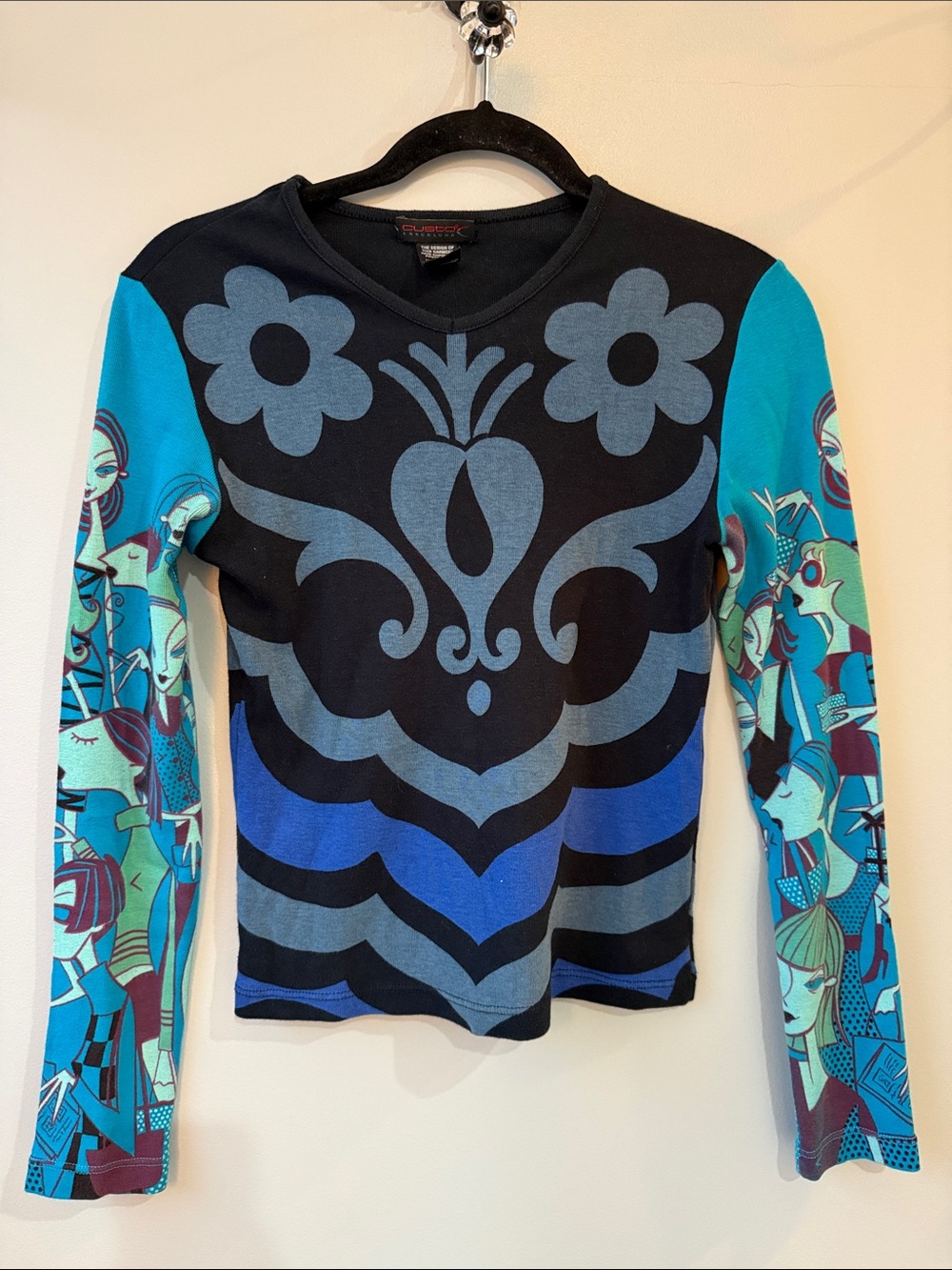 Vintage Y2K Custo Barcelona Graphic Long Sleeve Top Blue 2000s Spain S cotton